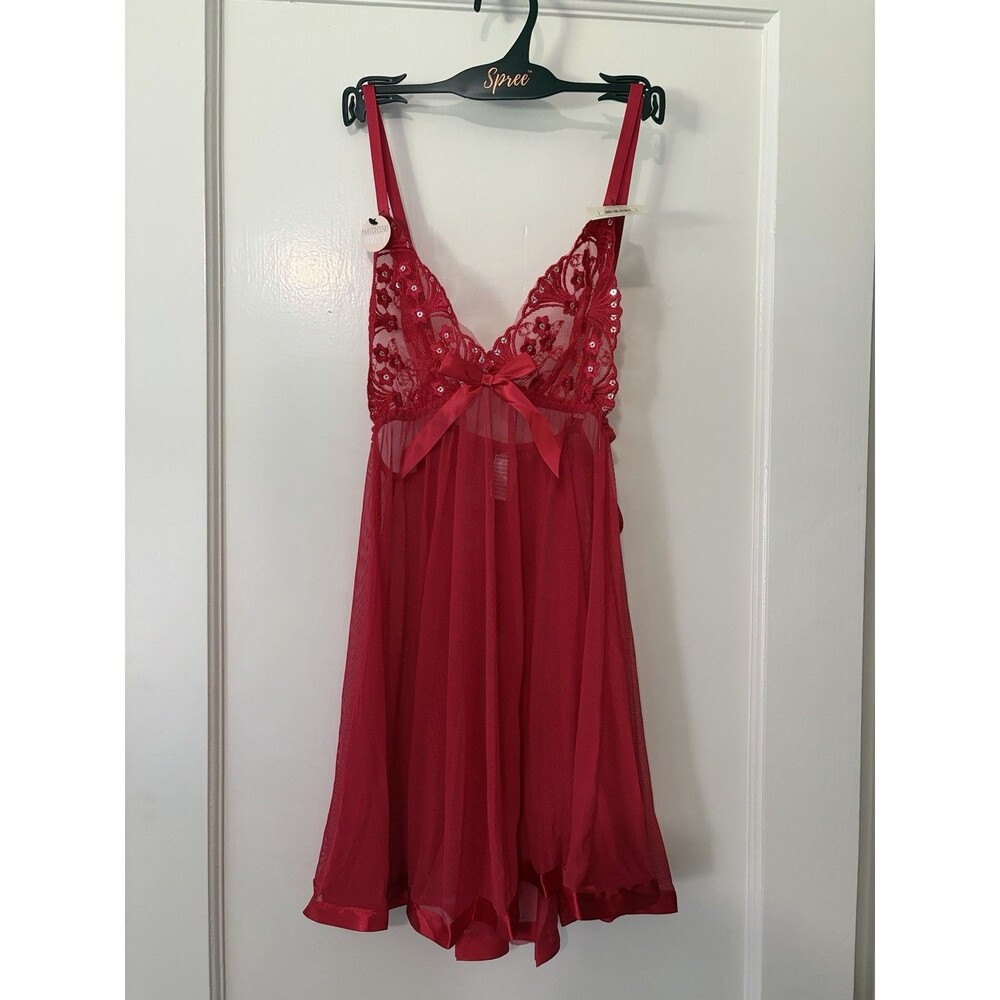 NWT Red Lace Babydoll Lingerie Thong Set Sheer Nightgown Small Spree Intimates - Picture 6 of 6